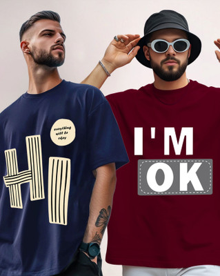 ENITOR Printed Men Round Neck Navy Blue, Maroon T-Shirt