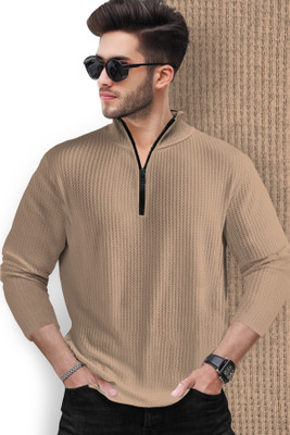 TRIPR Solid Men High Neck Beige T-Shirt