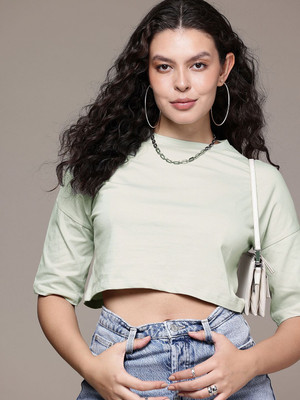 Roadster Solid Women Round Neck Light Green T-Shirt