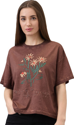 Spykar Printed Women Round Neck Brown T-Shirt