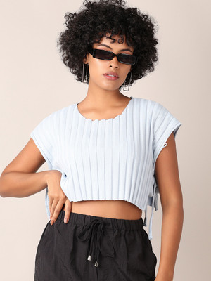 V-MART Solid Women Crew Neck Light Blue T-Shirt