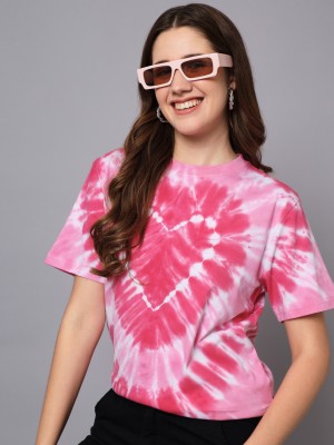 THE DRY STATE Tie & Dye Women Round Neck Pink, White T-Shirt