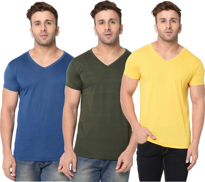 JB Jangoboy Solid Men V Neck Dark Blue, Green, Yellow T-Shirt