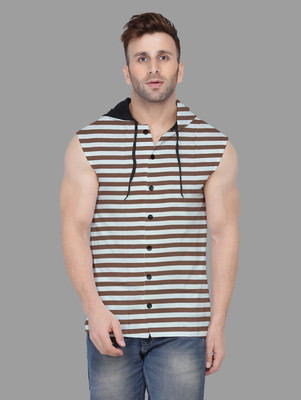 GEUM Striped Men Hooded Neck Brown T-Shirt