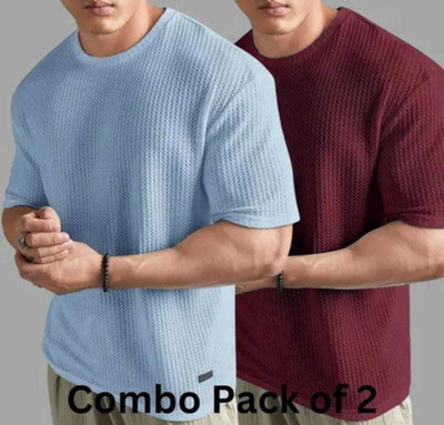 BOOM BAAM Self Design Men Round Neck Light Blue, Maroon T-Shirt