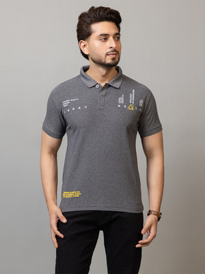 YOORIX Striped Men Polo Neck Grey T-Shirt
