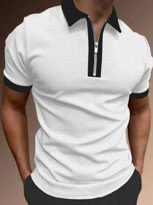HPD Self Design Men Zip Neck White T-Shirt
