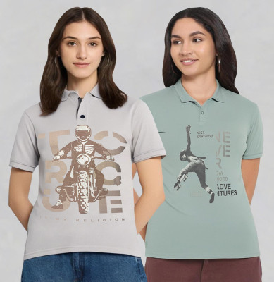 METRONAUT Printed Women Polo Neck Multicolor T-Shirt