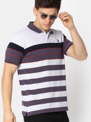 V-MART Striped Men Polo Neck Purple T-Shirt