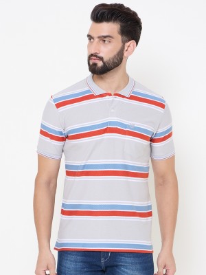 DUKE Striped Men Polo Neck Grey T-Shirt