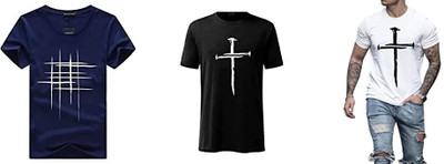 ATTITUDE START OF FASHION Printed Men Round Neck White, Blue, Black T-Shirt