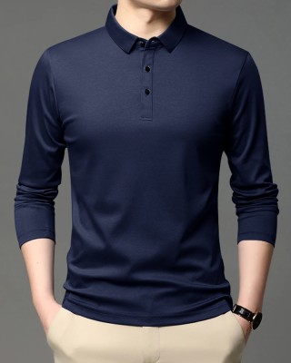 TEEMEX Solid Men Polo Neck Navy Blue T-Shirt