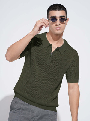 SHOWOFFFF Self Design Men Polo Neck Green T-Shirt