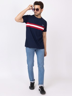 EYE&TRY Striped Men Round Neck Dark Blue T-Shirt