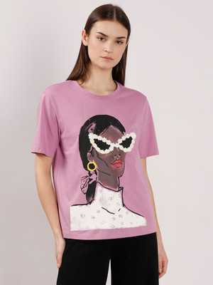 VERO MODA Graphic Print Women Round Neck Pink T-Shirt