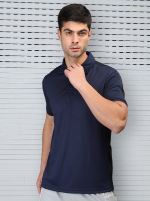 CHKOKKO Solid Men Polo Neck Blue T-Shirt