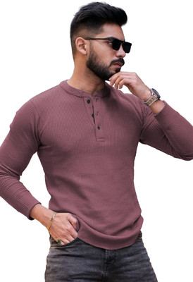 NOOK Self Design Men Henley Neck Pink T-Shirt