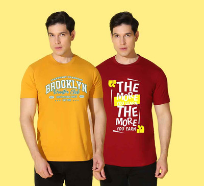 WOOSTRO Printed Men Round Neck Yellow, Red T-Shirt