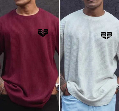 BOOM BAAM Self Design Men Round Neck Maroon, White T-Shirt