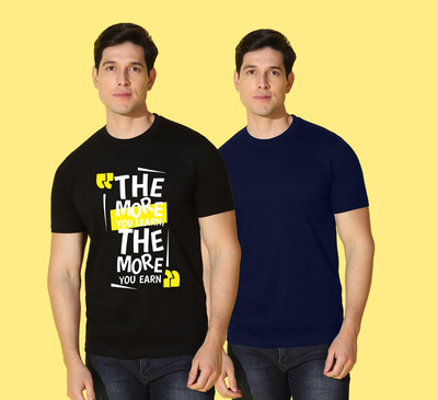 WOOSTRO Printed Men Round Neck Black, Blue T-Shirt