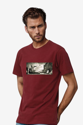 BlueFicus Printed Men Round Neck Maroon T-Shirt