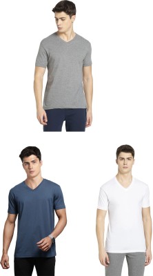 JOCKEY Solid Men V Neck Grey, Dark Blue, White T-Shirt