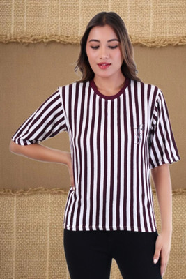Marc Laurent Striped Women Round Neck Maroon, White T-Shirt