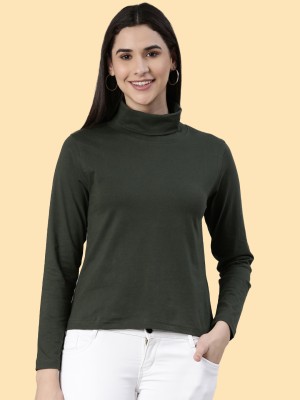 Kryptic Solid Women High Neck Green T-Shirt