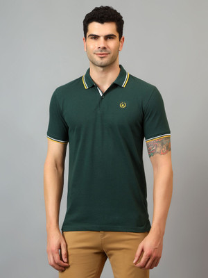 CANTABIL Solid Men Polo Neck Dark Green T-Shirt