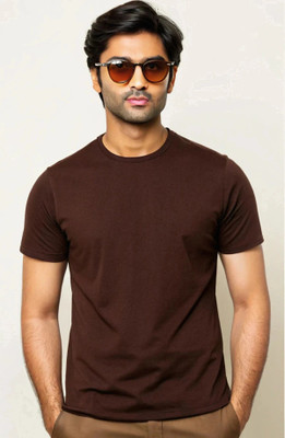 MIT Bharat Solid Men Round Neck Brown T-Shirt