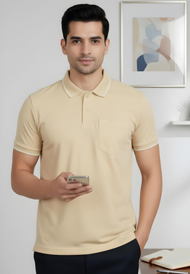 DeerHead Solid Men Round Neck Beige T-Shirt