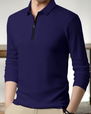 GARBLY Solid Men Polo Neck Blue T-Shirt