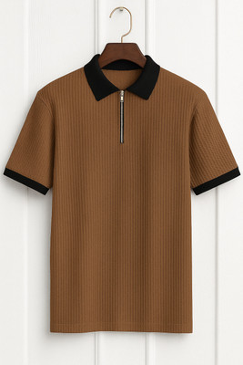 NB NICKY BOY Self Design Men Zip Neck Brown T-Shirt