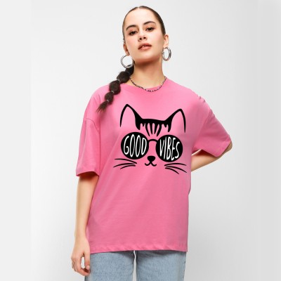 COOLDESI Printed Women Round Neck Pink T-Shirt