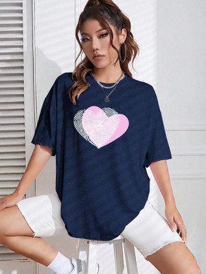 HOC Graphic Print Women Round Neck Dark Blue T-Shirt