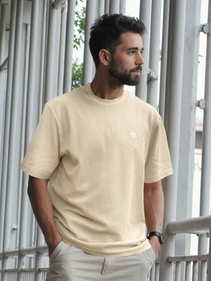 WROGN Solid Men Round Neck Brown T-Shirt