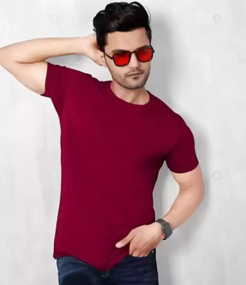 OJSR Solid Men Round Neck Maroon T-Shirt
