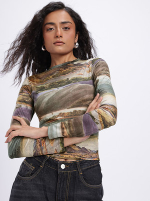 Glitchez Printed Women Round Neck Multicolor T-Shirt