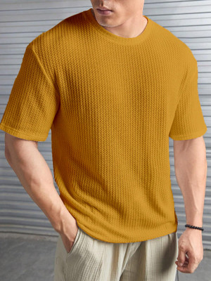 boombaam Self Design Men Round Neck Yellow T-Shirt