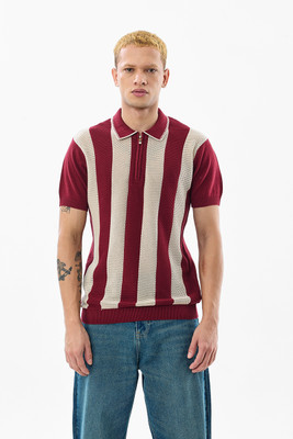 Snitch Striped Men Polo Neck Maroon T-Shirt