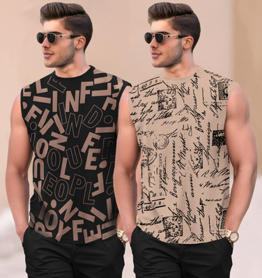 TRIPR Printed Men Round Neck Black, Beige T-Shirt