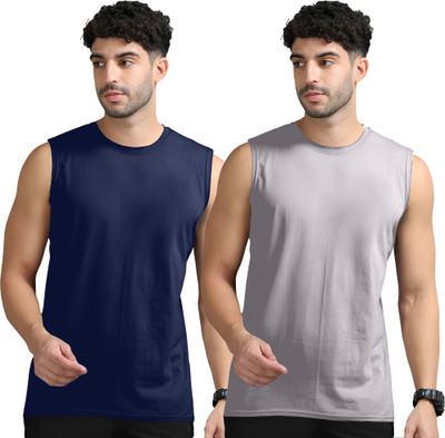 Adorbs Solid Men Round Neck Dark Blue, Grey T-Shirt