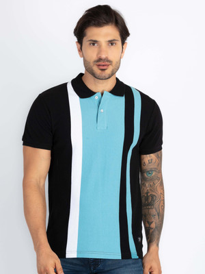 Status Quo Striped Men Polo Neck Blue T-Shirt