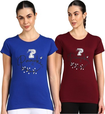 Paavki Printed Women Round Neck Blue, Maroon T-Shirt