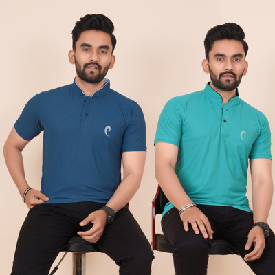 Pio Sports Printed, Solid Men Mandarin Collar Blue, Dark Blue T-Shirt