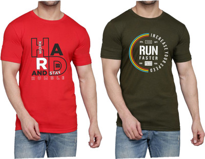 WOOSTRO Printed Men Round Neck Red, Dark Green T-Shirt