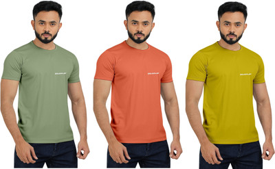 INDICLUB Solid Men Round Neck Orange, Light Green, Yellow T-Shirt