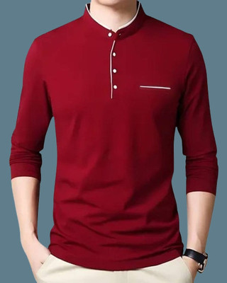 OXRYZER Solid Men Mandarin Collar Maroon T-Shirt