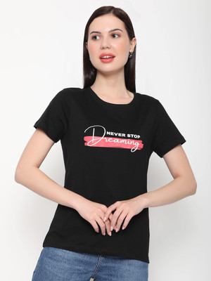 OUTFLITS Typography Women Round Neck Black T-Shirt
