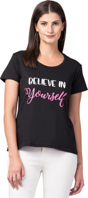 KLAXXY Printed, Typography Women Round Neck Black T-Shirt